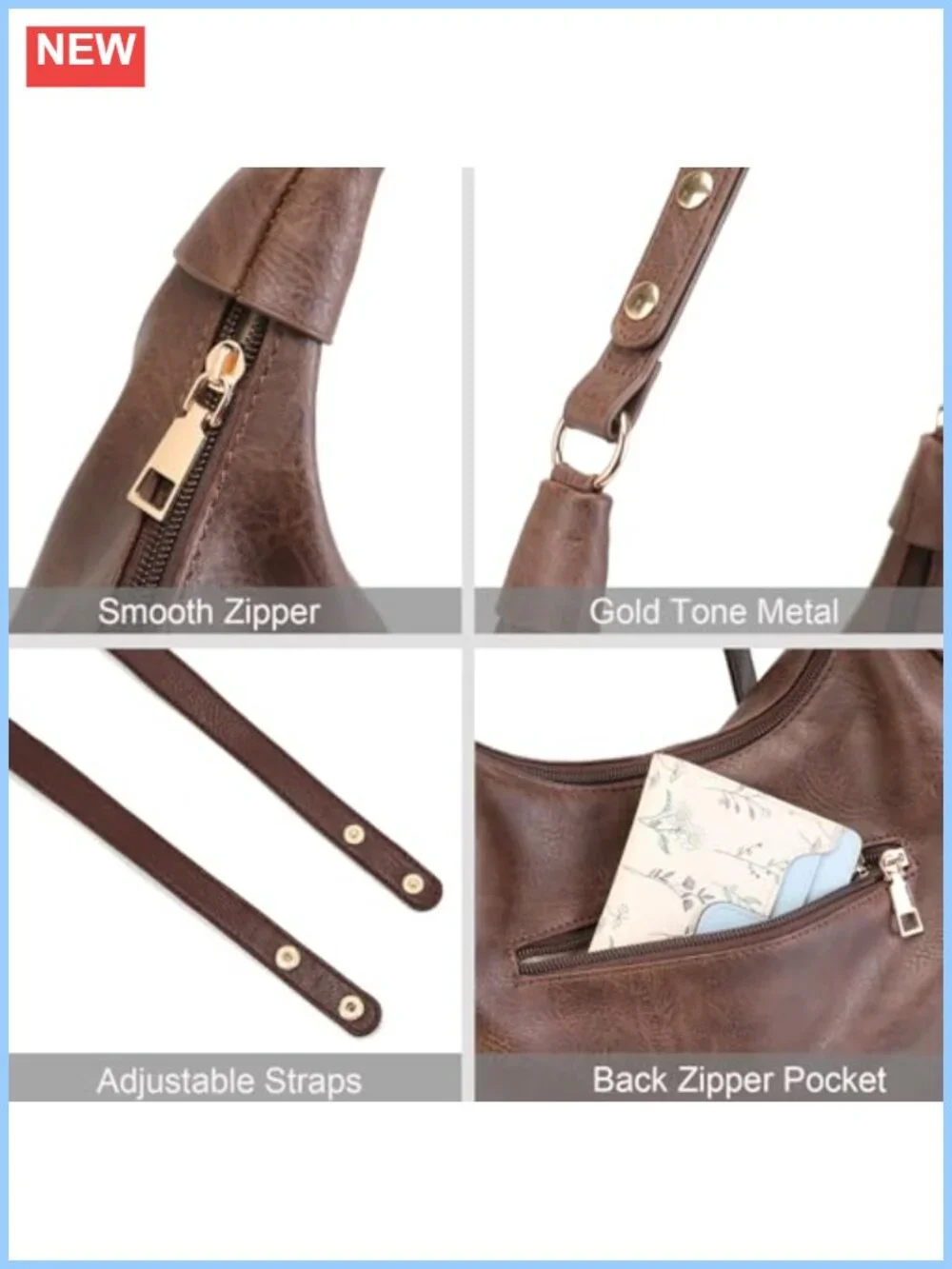 Vegan Leather Hobo Shoulder Bag Crossbody Purse Adjustable Strap
